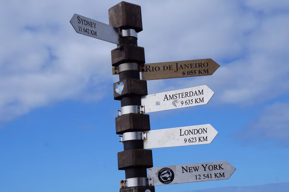 A signpost with cities and distances on it.