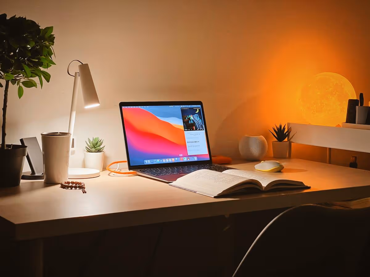 A laptop on a table.