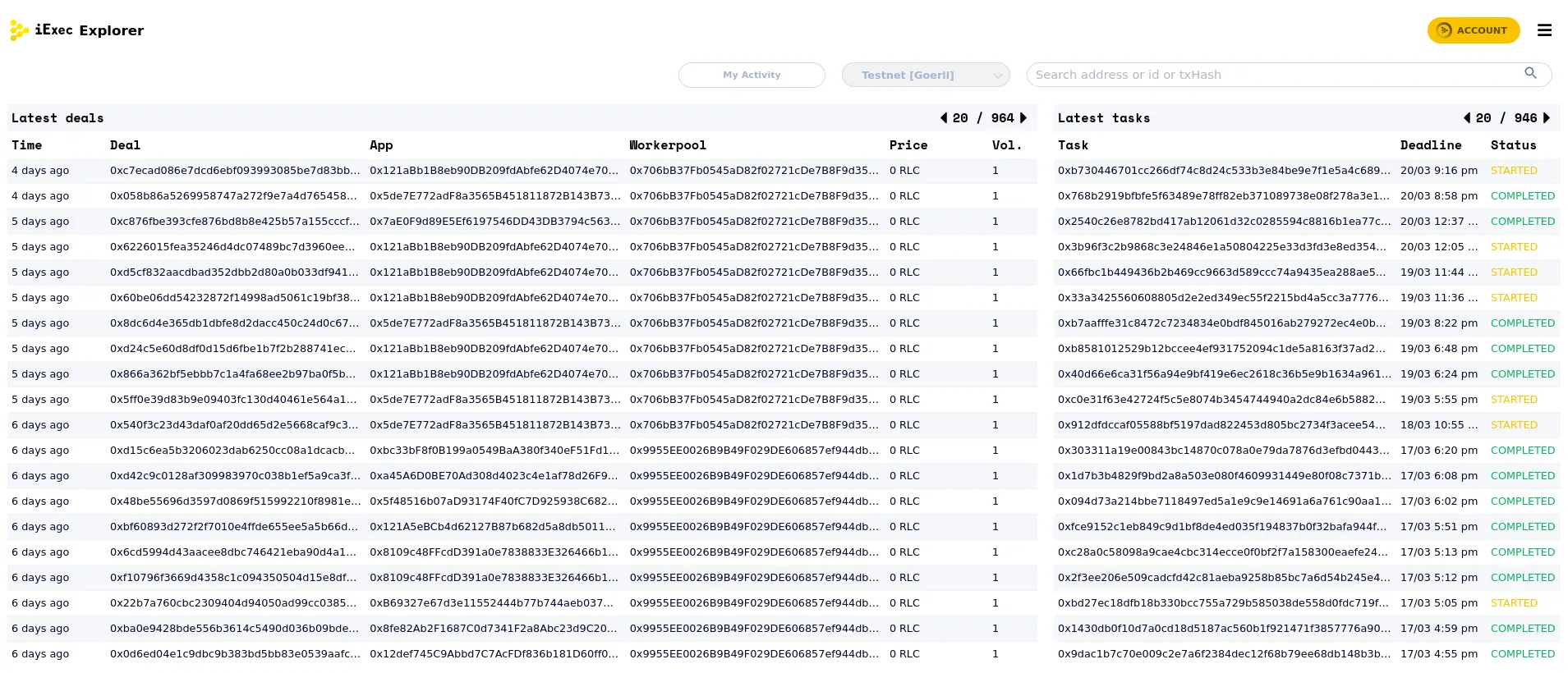 iExec’s explorer, displaying blockchain data indexed by the existing ‘iExec watcher’.