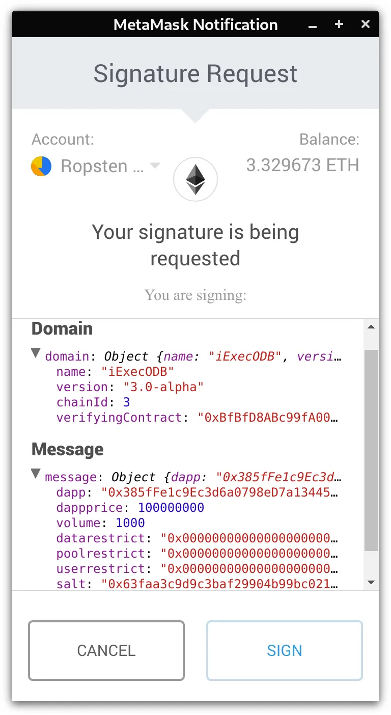 MetaMask confirmation popup for EIP712 signature