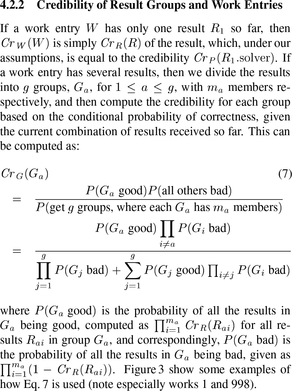 Equations used by Sarmenta to compute the credibility of a result from the credibility of the voters