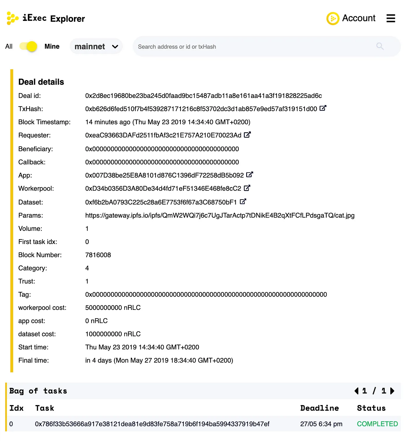 My cat gets a rating of 0.019177 which means that it can be used safely and you can see all the details of this execution on the iExec Explorer