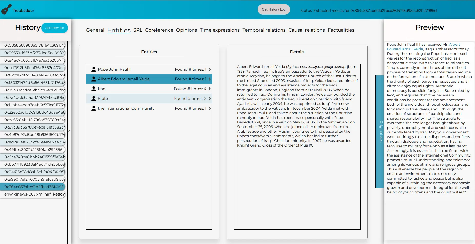 Additional information of extracted entities can be found dynamically by Troubadour