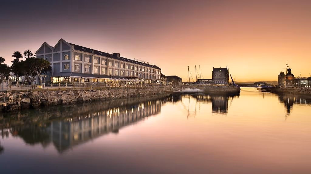 The V&A Waterfront hotel overlooking the waterfront at sunset