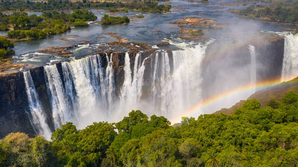 An aerial view of the Victoria Falls on the border between Zimbabwe and Zambia