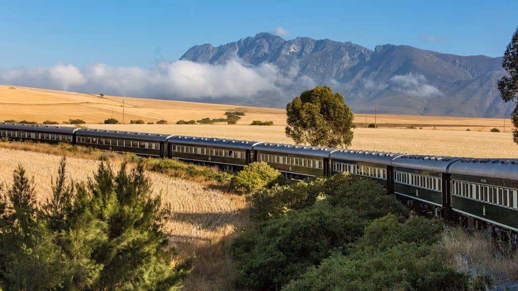 Long vintage green passenger train traveling through golden fields with a mountain and blue sky in the background.