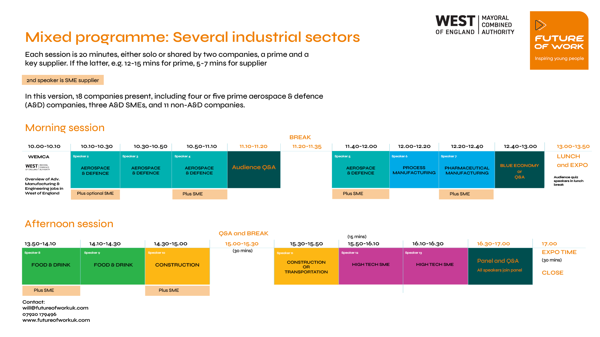 Agenda for the event showing the different speaking sessions and different industries represented