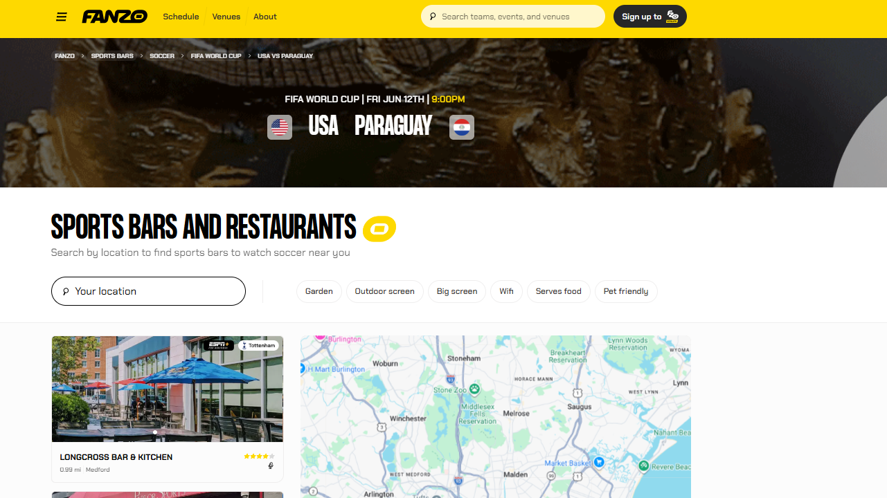 Screenshot of FANZO app, showing sports bars airing the USA vs Paraguay World Cup match