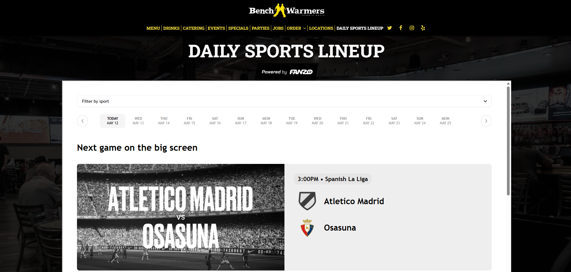 Screenshot of the FANZO Venues web feed, displaying what games are being shown at the sports at Bench Warmers