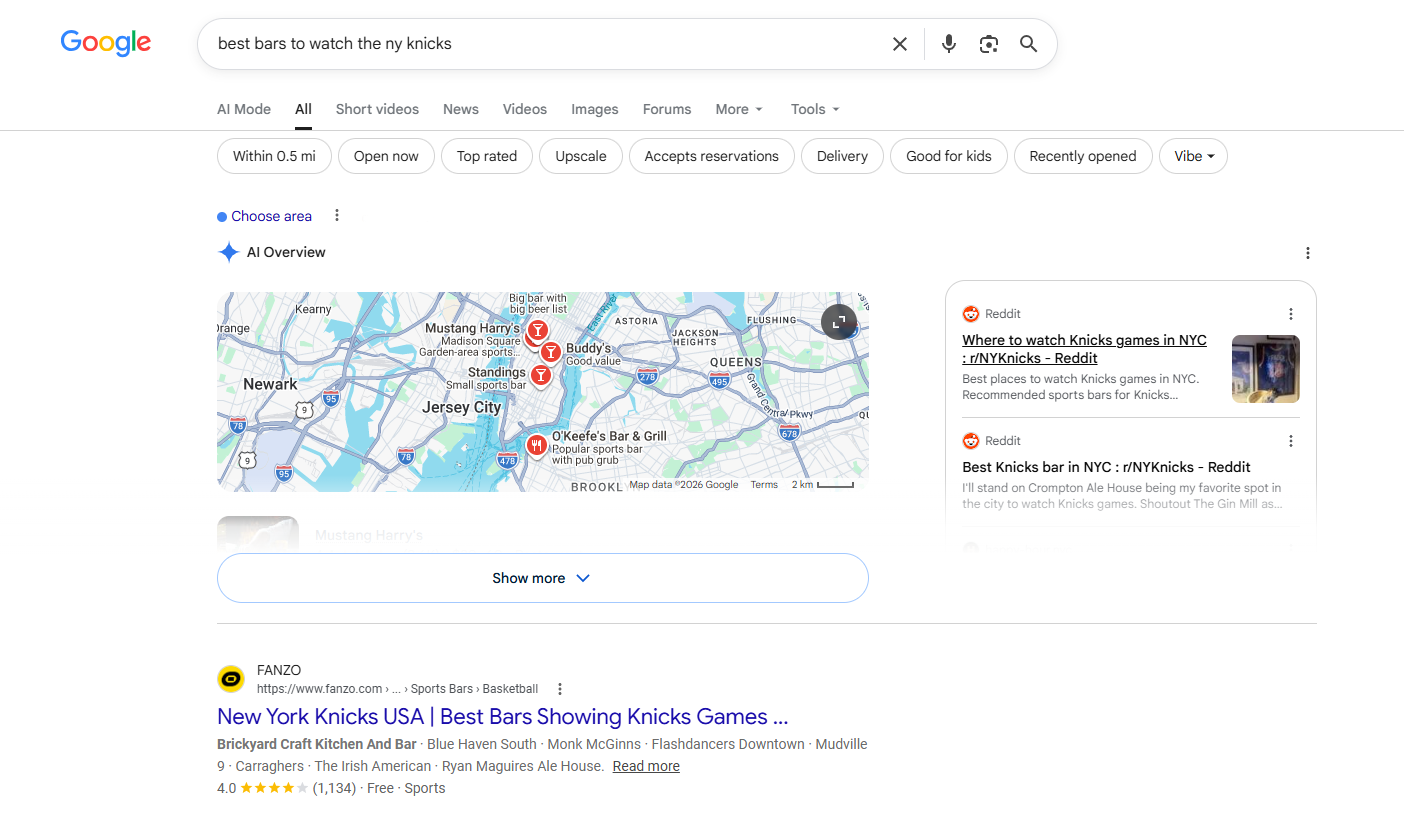 screenshot of a Google search looking for the best bars to watch the NY Knicks
