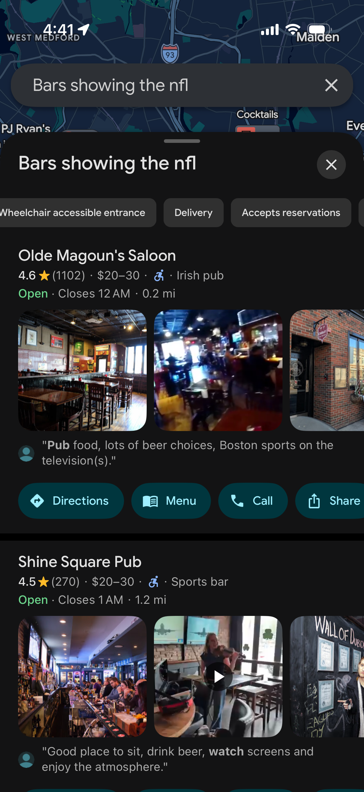 Screenshot of Google Maps with the query: 'Bars showing the NFL'