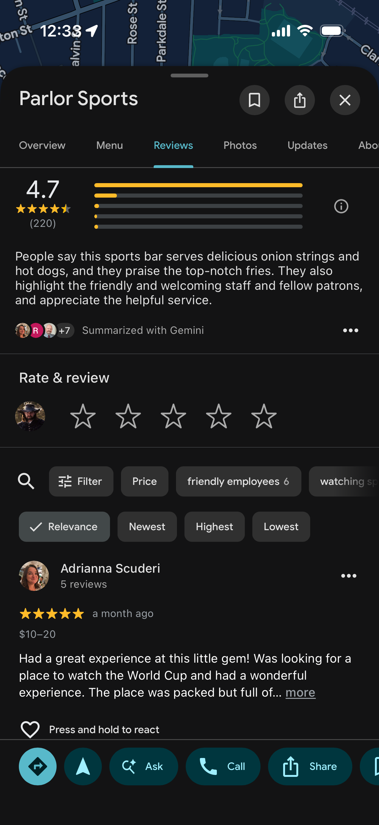 Screengrab of recent reviews for Parlor Sports on Google Maps
