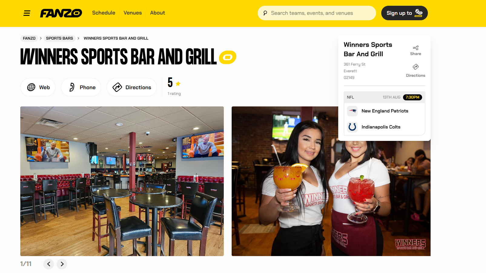 Screengrab of Winners Sports Bar and Grill's profile on FANZO