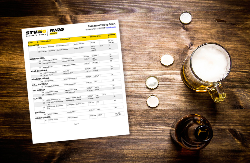 The SportsTV Guide printed out and on a table top