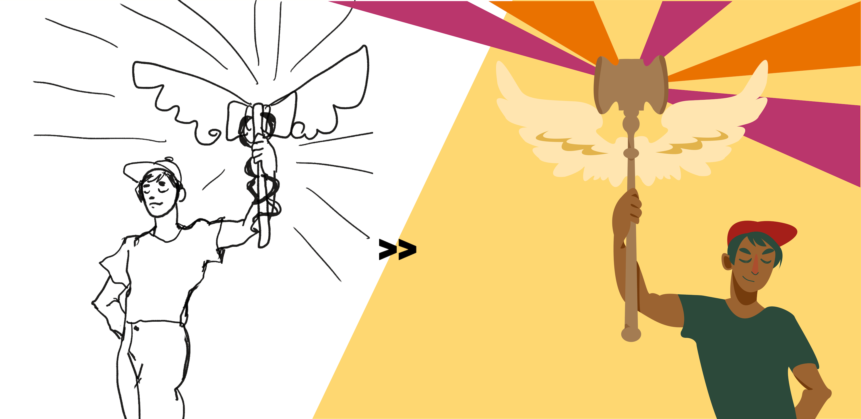 sketch to vector comparison of an individual holding a gavel with wings