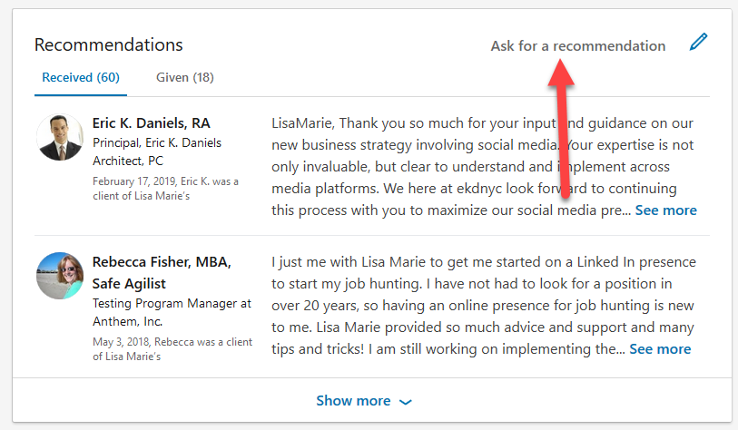 LinkedIn recommendations example