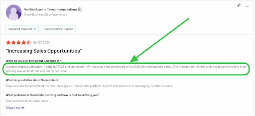 User review of Salesrobot saying that it helped them expand into a new vertical