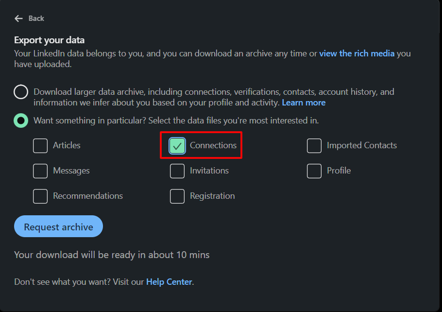 "Connections" option in the "Export data" section 