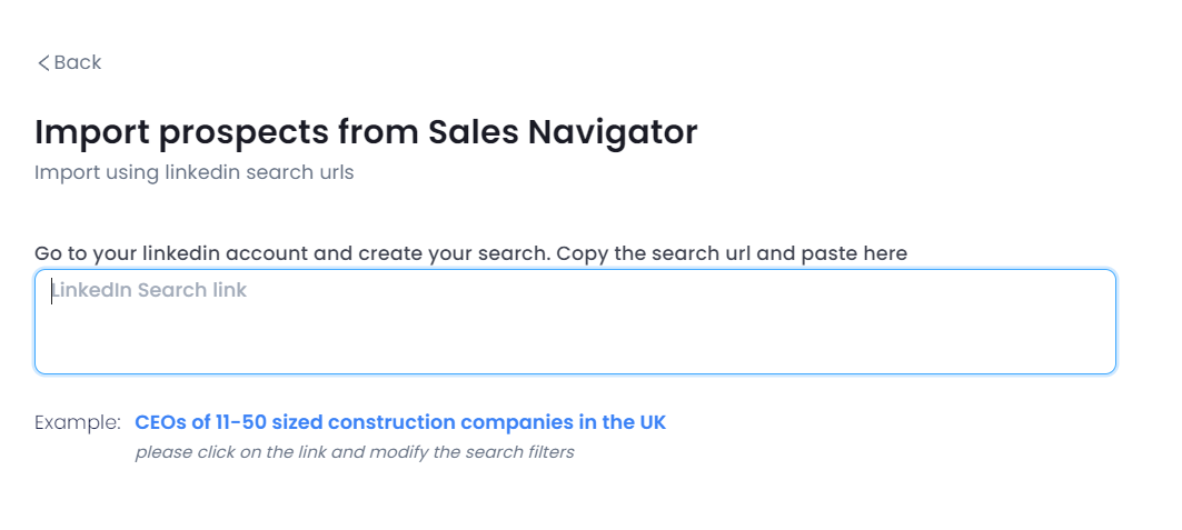 Box to paste the Sales Navigator URL in Salesrobot