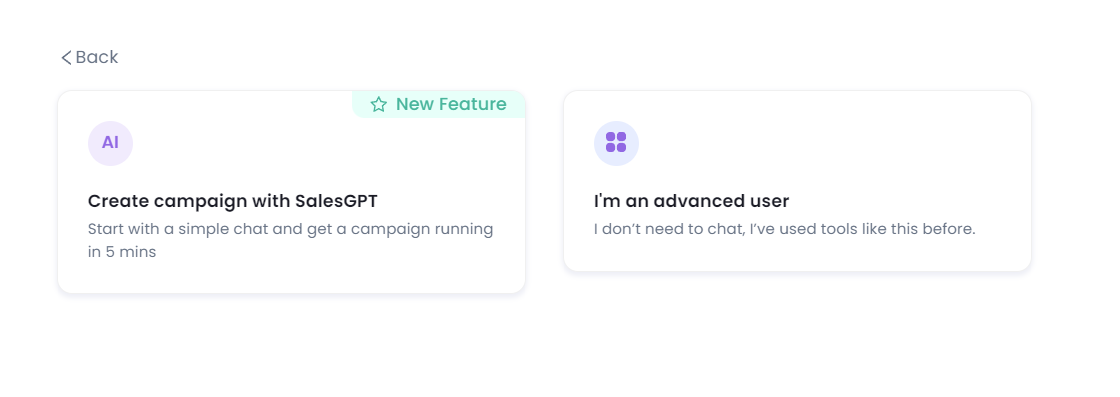 Salesrobot options for creating a new campaign