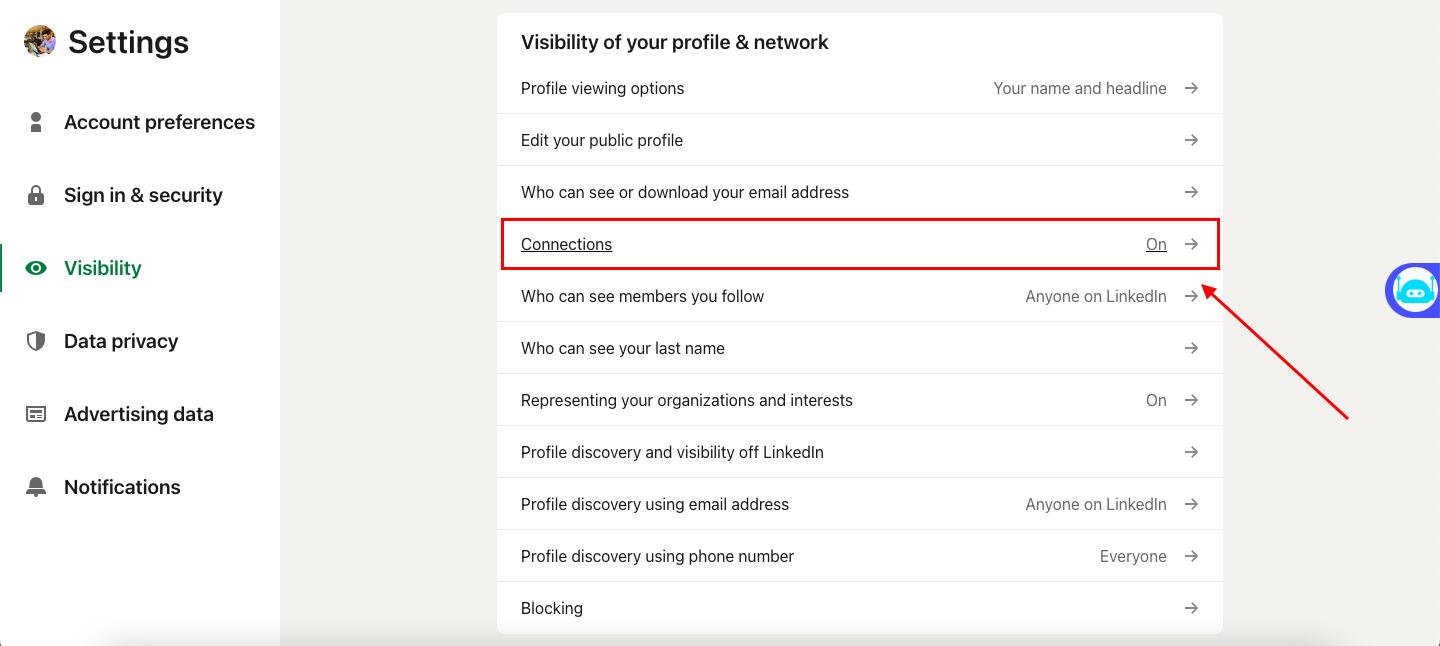 Linkedin connection visibility option in settings