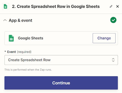 Zapier webhooks Google Sheets action