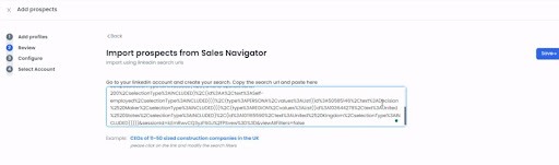 Salesrobot add Sales Navigator search URL box