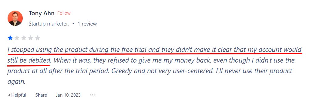 User review of LeadDelta saying they were being charged without being notified