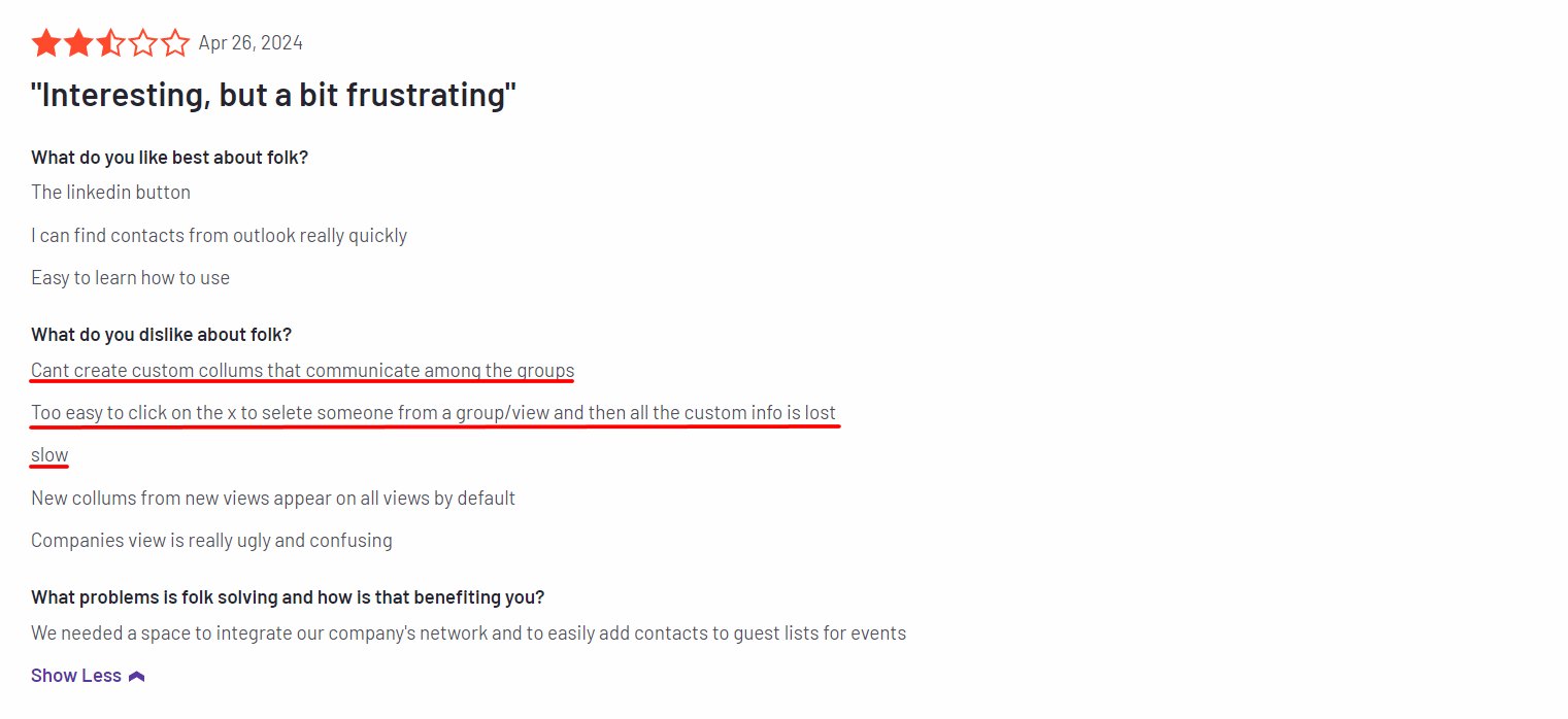 User review of Folk CRM saying it is unintuitive 