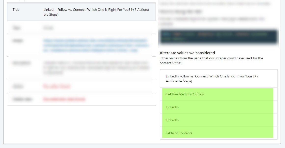 Main title value of a blog and alternate values considered by the LinkedIn post debugger.