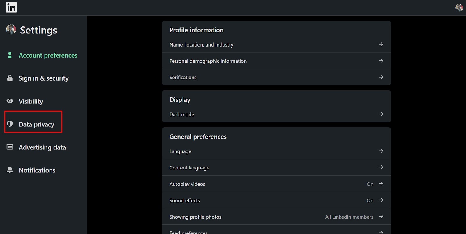 Data privacy section in LinkedIn settings