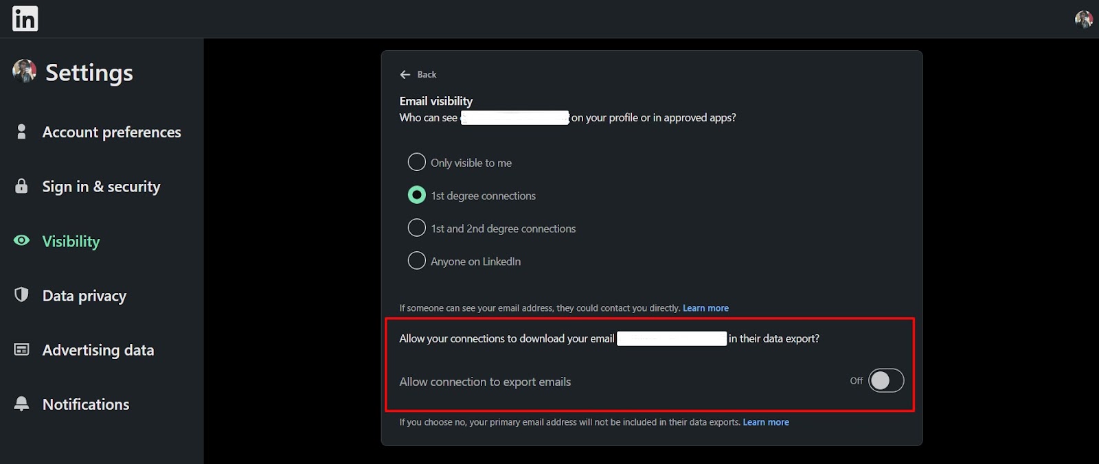 Allow Connections to download your email option on LinkedIn