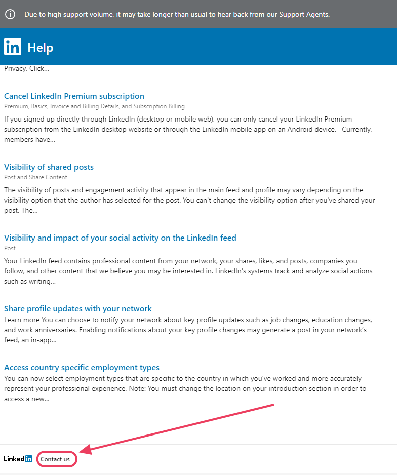 LinkedIn "Contact Us" page