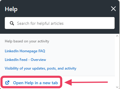 LinkedIn "open help in a new tab" page