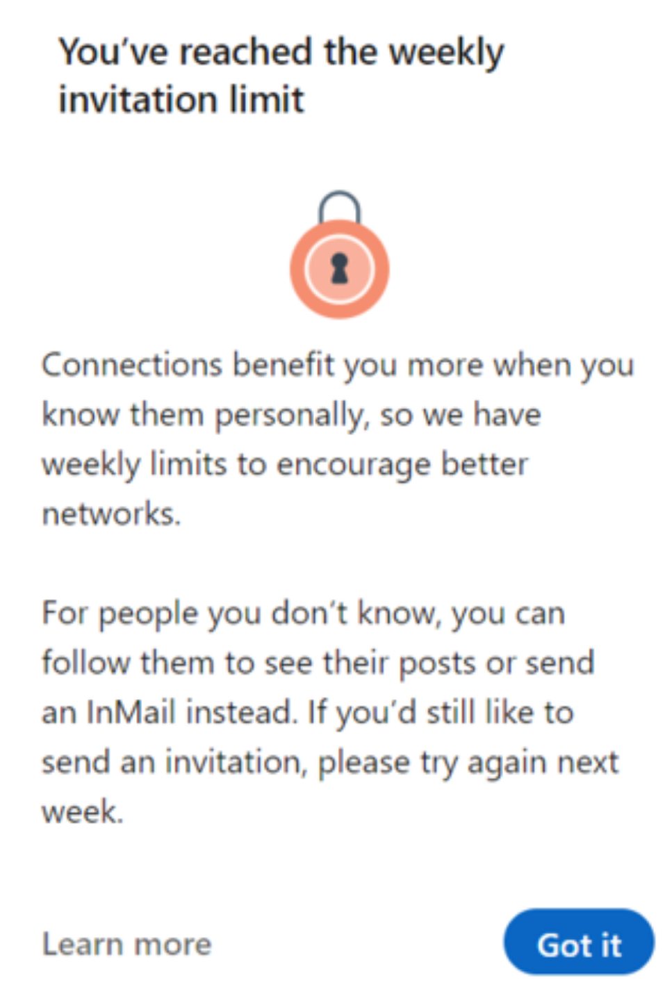 LinkedIn's weekly invitation limit warning