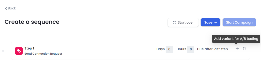 Option to add a variant for A/B testing in a SalesRobot campaign sequence.