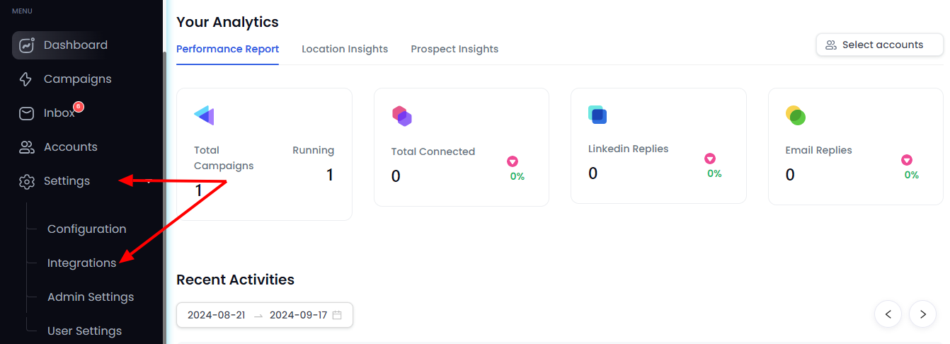 'Settings' and 'Integrations' options on the SalesRobot dashboard