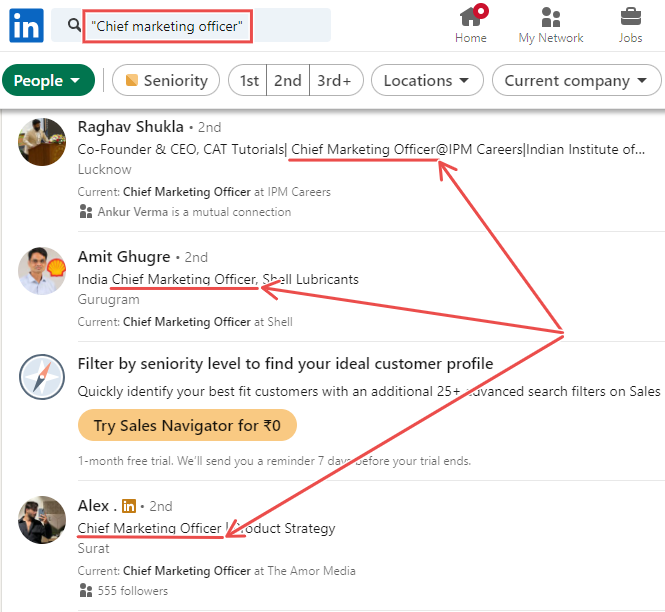 Chief marketing officer boolean search result on LinkedIn.