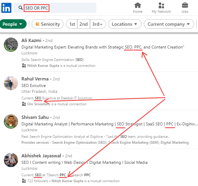 SEO or PPC boolean search result on LinkedIn.