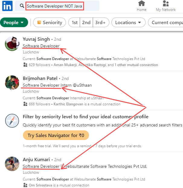 Software Developer not java boolean search result on LinkedIn.