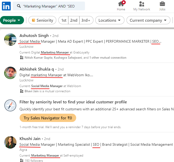 Marketing Manager or SEO boolean search result on LinkedIn.