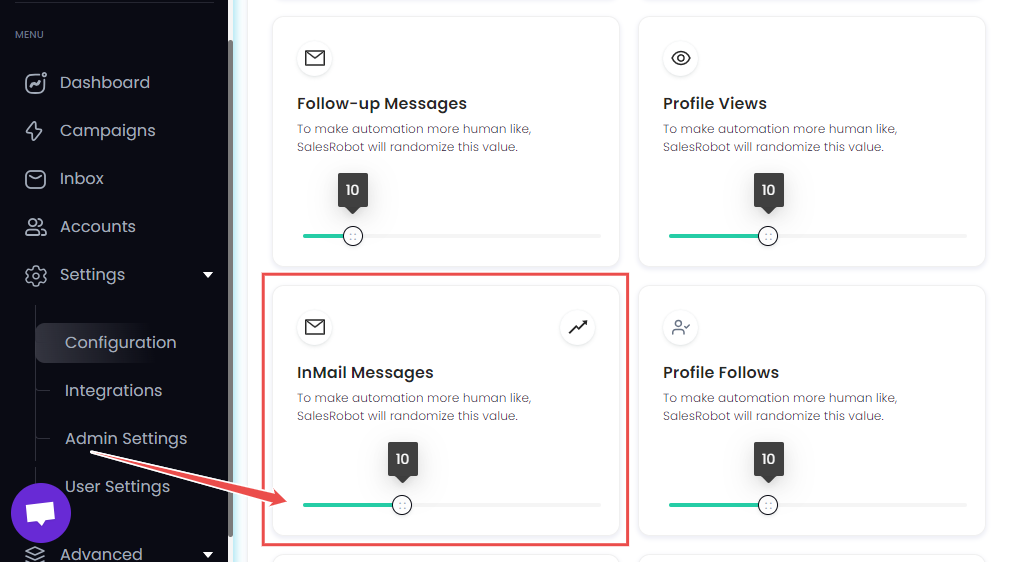 daily limits for inmails automation in SalesRobot