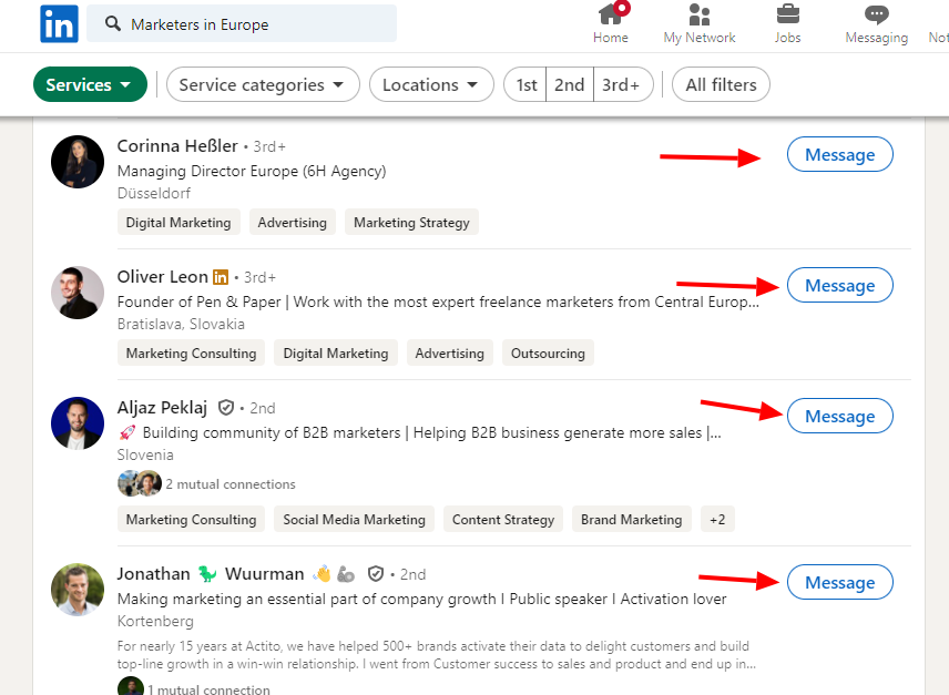 message to people from the Service search option on LinkedIn