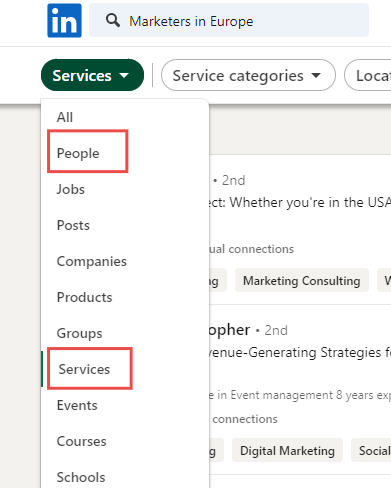 'People' and 'Services' option from the drop down menu on LinkedIn