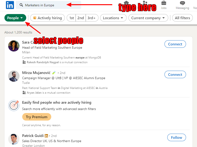 search example for 'marketers in Europe' on LinkedIn