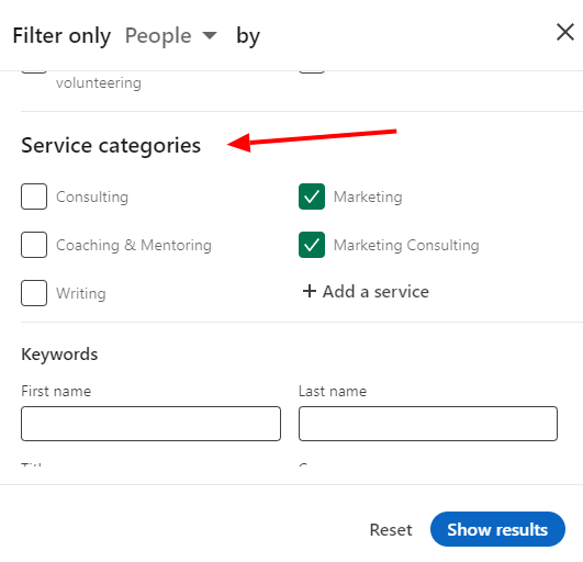 'Service categories' option within the filters on LinkedIn