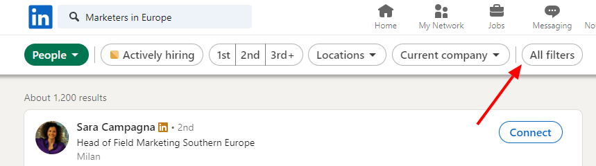 'all filters' option to filter people from LinkedIn search