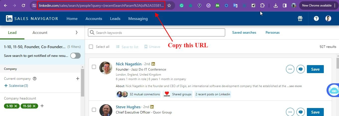 Copying search URL from sales navigator.