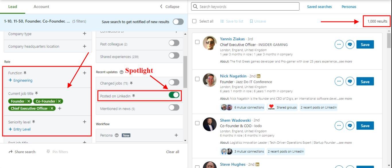 LinkedIn sales navigator spotlight filters.