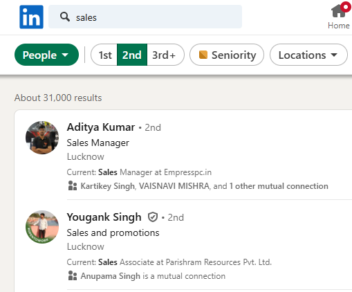 2nd degree "sales" connections on linkedin